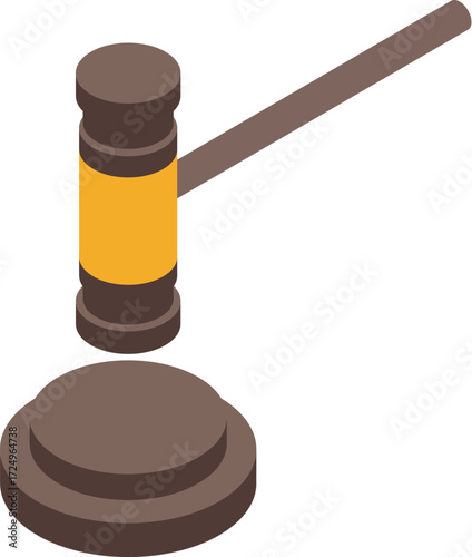 Isometric gavel hitting sound block, symbolizing judgment, legality, and court decisions