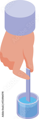Hand holding a litmus paper measuring ph level in a beaker, chemical analysis isometric icon