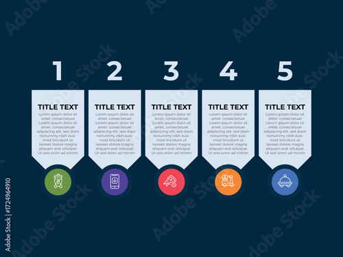 Concept of arrow business model with 5 successive steps. Six colorful graphic elements. Timeline design for brochure, presentation. Infographic design layout