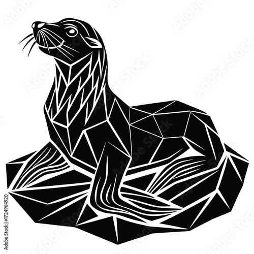 Low poly American sea lion basking on ocean rocks