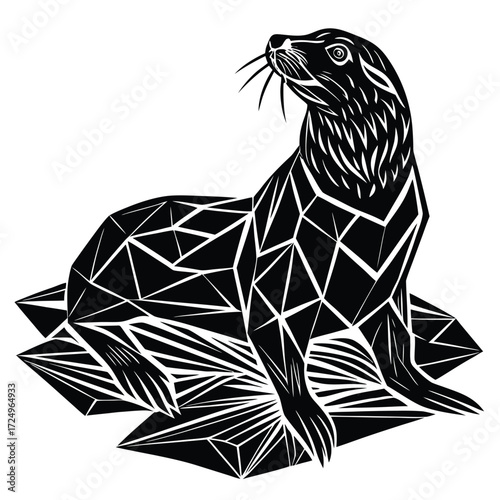 Low poly sea lion basking on ocean rocks