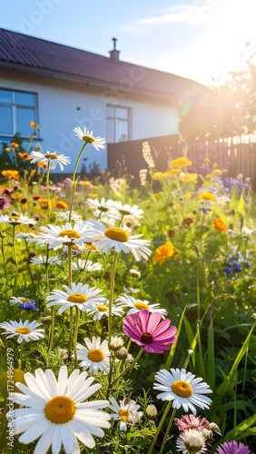Colorful flower garden in front of a house