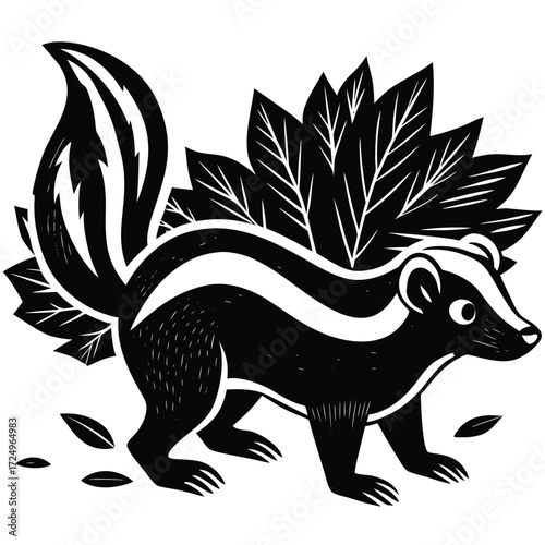 Low poly skunk walking in autumn forest