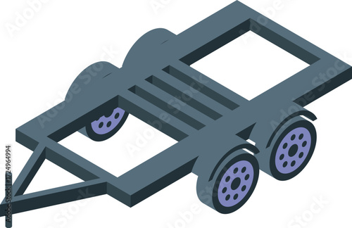 Empty platform trailer chassis with wheels for cargo transportation, isometric view