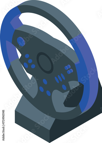 Isometric view of a gaming steering wheel, featuring blue accents and multiple buttons, enhancing the immersive experience of virtual racing