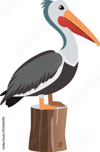 Low poly American pelican sitting on wooden pier post