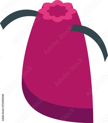 Magenta cooking apron with flower shaped pocket and gray straps, ready for kitchen tasks