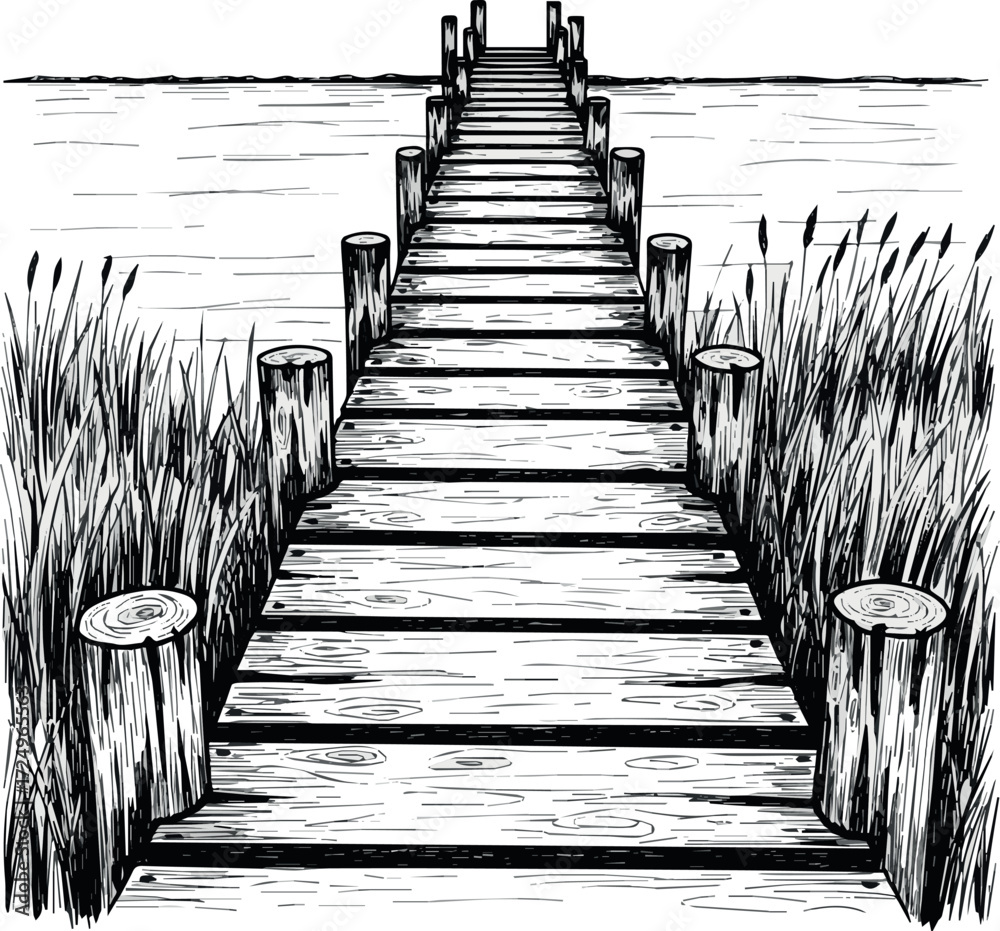 Fototapeta premium Create hand-drawn wooden pier extending into water with grass on both sides in black and white on white background.