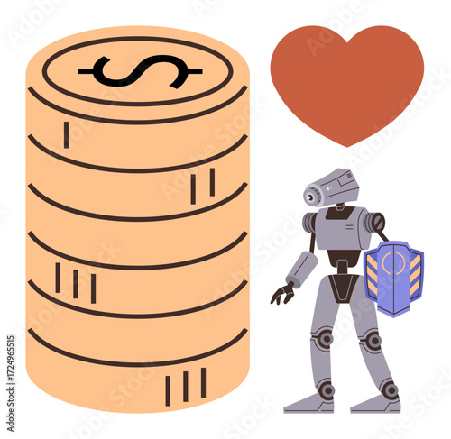 Robot holding shield, large coin stack with dollar, and heart conveying security, financial growth, care for ethical AI. Ideal for AI ethics, fintech, automation, security finance protection