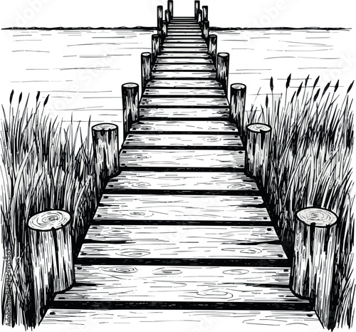 Create hand-drawn wooden pier extending into water with grass on both sides in black and white on white background.