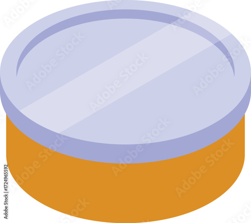Closed orange metal tin can with purple lid preserving food, isometric view