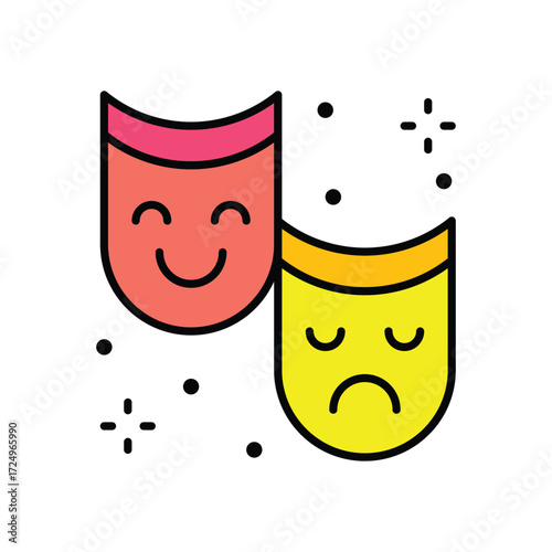Two masks one smiling and one frowning surrounded by dots and small starlike shapes