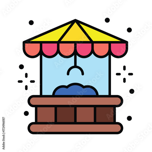 Illustration of a claw machine with a yellow roof red and pink scalloped trim and a brown base Blue prizes sit inside