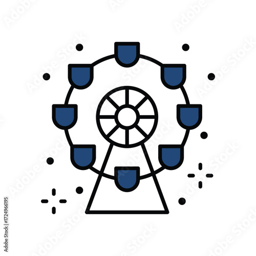 Icon of a Ferris wheel with 8 cars and a center star on a triangular base surrounded by small dots