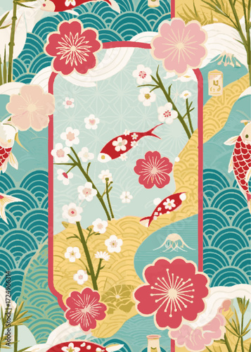Abstract Japanese Style Wave Pattern Cherry Blossom Oriental Flower Tree Elegant Nature Inspired Art Trend