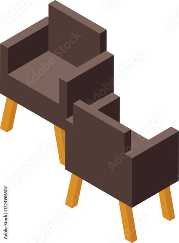 Isometric vector illustration of two empty waiting room chairs, featuring brown upholstery and orange legs, suitable for interior design or furniture related projects