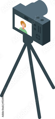 Isometric digital camera on tripod recording a young woman for a vlog or video call