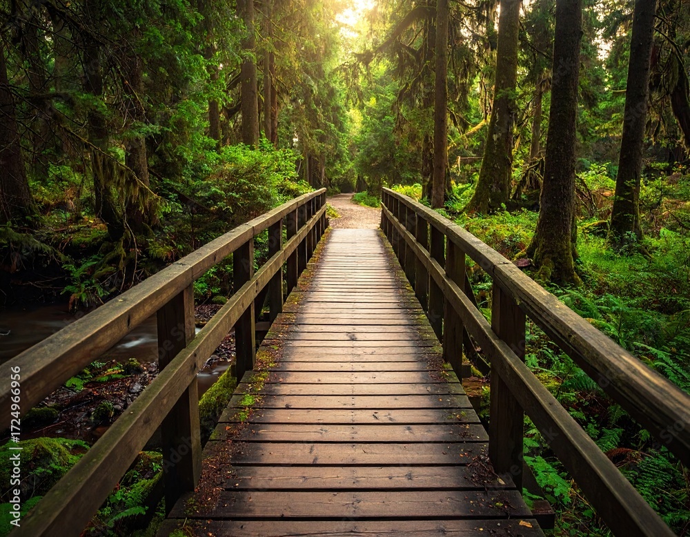Fototapeta premium Wooden Bridge Pathway Through Lush Green Forest
