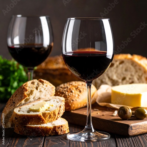 Two glasses of red wine with bread, cheese, and olives