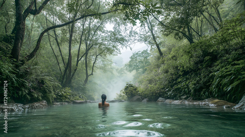 Enjoy the serene beauty of a natural hot spring nestled in a lush green forest. A woman unwinds by the water while a gentle mist rises in the peaceful environment.