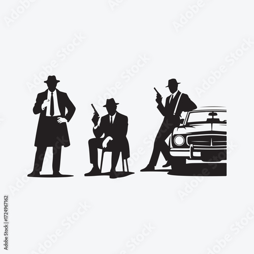 Three men in fedoras and suits with guns near a vintage car