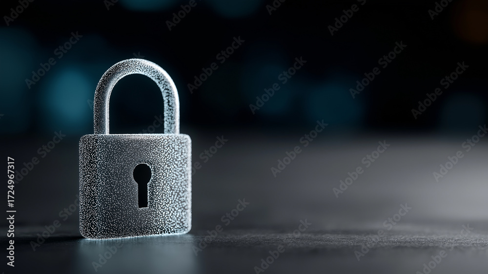 Fototapeta premium Cyber technology concept with polygonal wireframe open padlock hologram glowing in cyan and white against futuristic gradient blue background with sparks light trails and digital grid representing dat