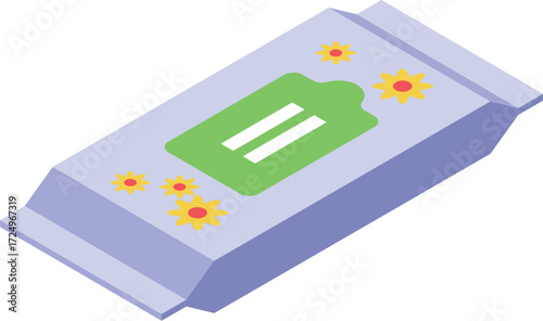 Isometric view of a pack of wet wipes with floral design, offering convenient hygiene and a refreshing feeling