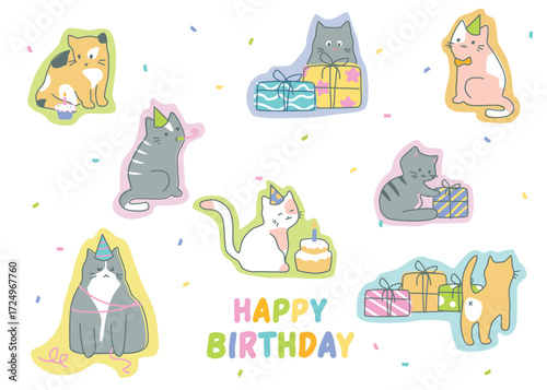 Cute birthday set with cartoon cats, cakes, gift boxes and colorful letters Happy Birthday, isolated stickers for festive decoration