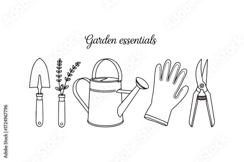 Garden essentials line art with lavender. Minimalist vector illustration of gardening tools