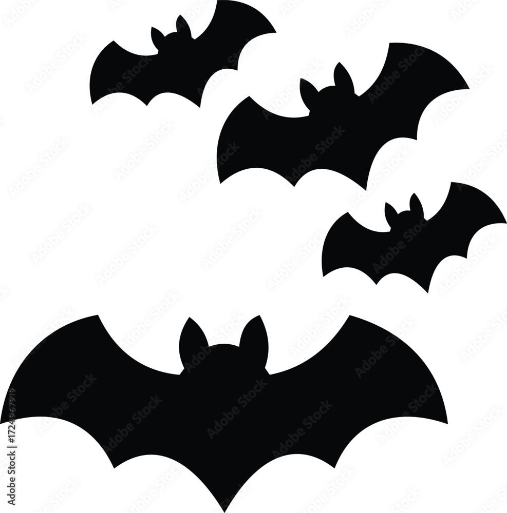 Fototapeta premium Silhouette Flying Bats Black Vector Icon Set for Halloween Night Design