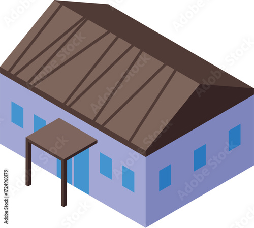 Isometric view of a modern barn house featuring a distinctive brown roof, a welcoming porch, and a light purple facade