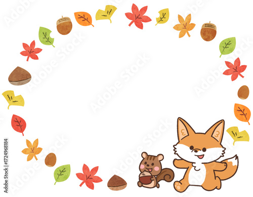 秋の紅葉とかわいいキツネとリスのフレームイラスト