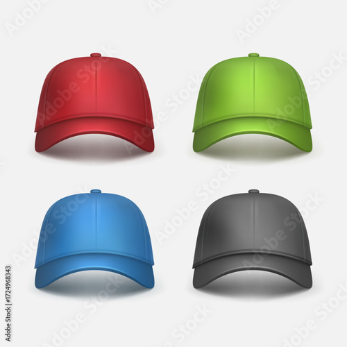 Vector set of realistic red, black, green, blue baseball caps front view isolated on white