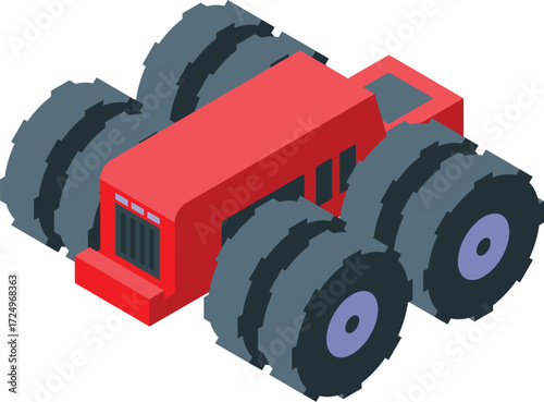 Red tractor working on agricultural land, ensuring successful crop production, depicted with isometric projection
