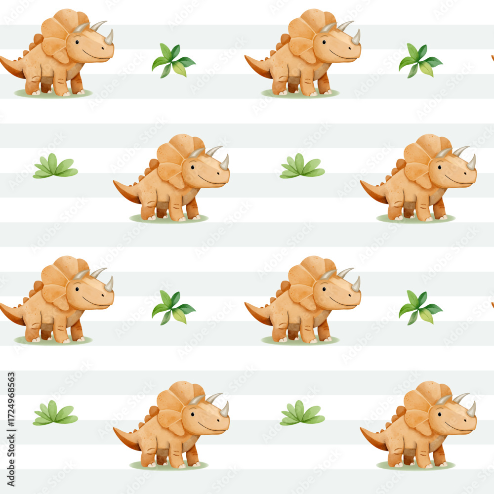 Fototapeta premium Seamless pattern with cute triceratops. Watercolor baby dinosaurs background.
