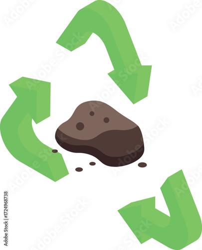 Soil recycling process with green arrows rotating isometrically, promoting environmental sustainability and waste reduction