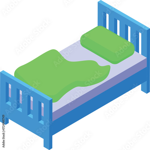 Cozy single bed with green bedding, ideal for a restful night's sleep, presented in an isometric view
