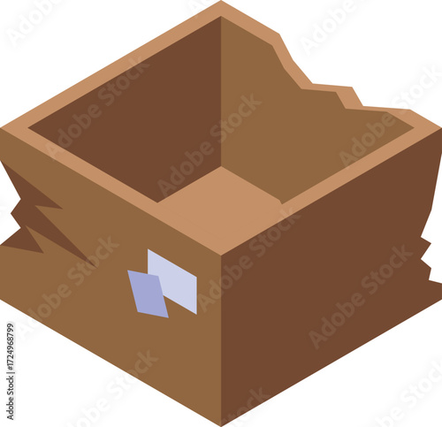 Isometric view of a damaged cardboard box, highlighting shipping and delivery issues