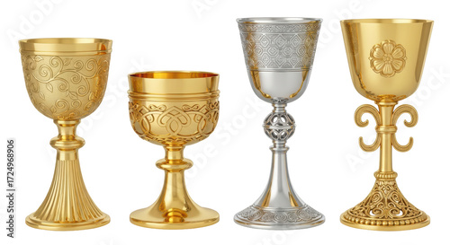 Tableau sur toile Isolated Religious Chalices Golden Silver Metallic Ritual Goblets Vessels Vintag