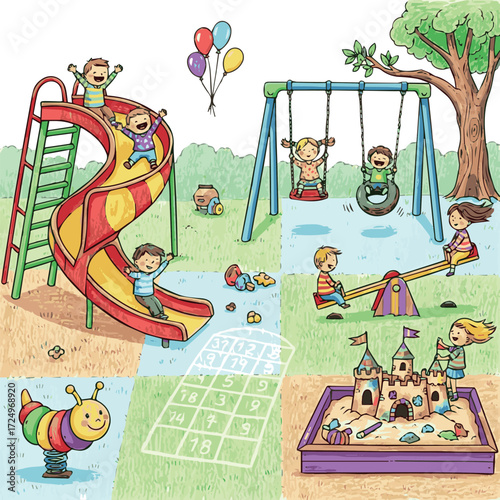 Create Playground Drawing A whimsical, hand-drawn illustration captures the essence of a playground with vibrant colors and playful designs. Perfect for conveying childhood joy, imagination.