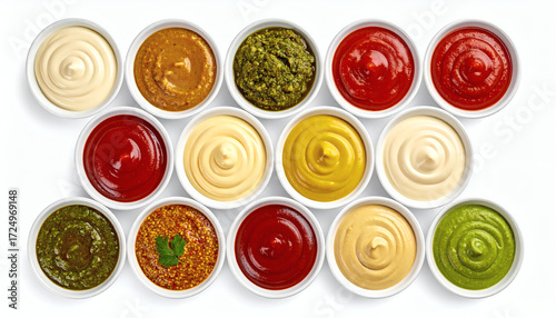 Dip sauces top view, bowls with mayonnaise, tomato ketchup, mustard, pesto, curry, and assorted condiments, colorful sauce platter, culinary dipping sauce arrangement