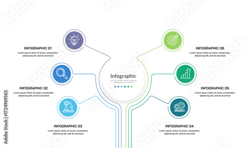Business Growth and Technology Roadmap Infographic 6 options or process. Presentation, Data, Plan and Strategy. Vector illustration.
