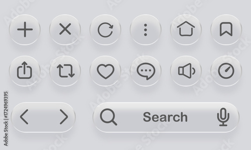 Modern Glassmorphism UI and UX Navigation Buttons. Glossy Web Navigation Symbols Collection. Vector illustration.