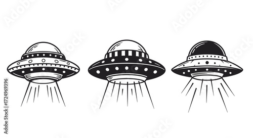 Set of Ufo black silhouette, vector illustration.