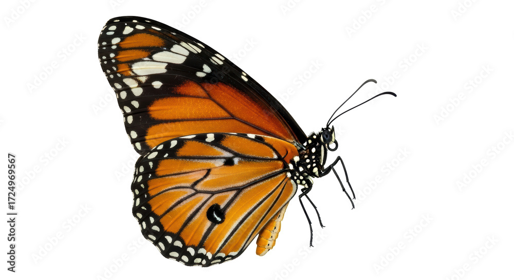 Obraz premium Isolated monarch butterfly resting on a white surface, graceful wings and delicate body design