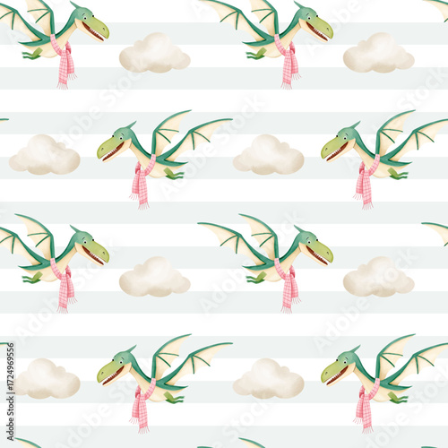 Seamless pattern with cute pterodactyl in a scarf and clouds. Watercolor baby dinosaurs background.