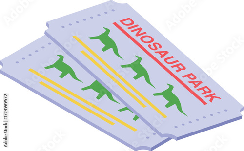 Two tickets for visiting dinosaur park featuring green dinosaur silhouettes, offering access to a prehistoric world