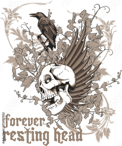 Gothic Winged Skull and Raven forever resting head Art Illustration transparent editable vector for t-shirt mug wall stickers wallpaper sticker design multipurpose use in high definition format