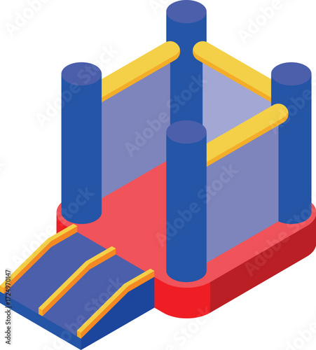 Isometric colorful bouncy castle with slide providing entertainment for children during parties and events