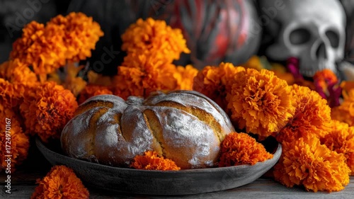 Dia de los Muertos altar with pumpkin bread in center of orange flower petals and Halloween decorations.